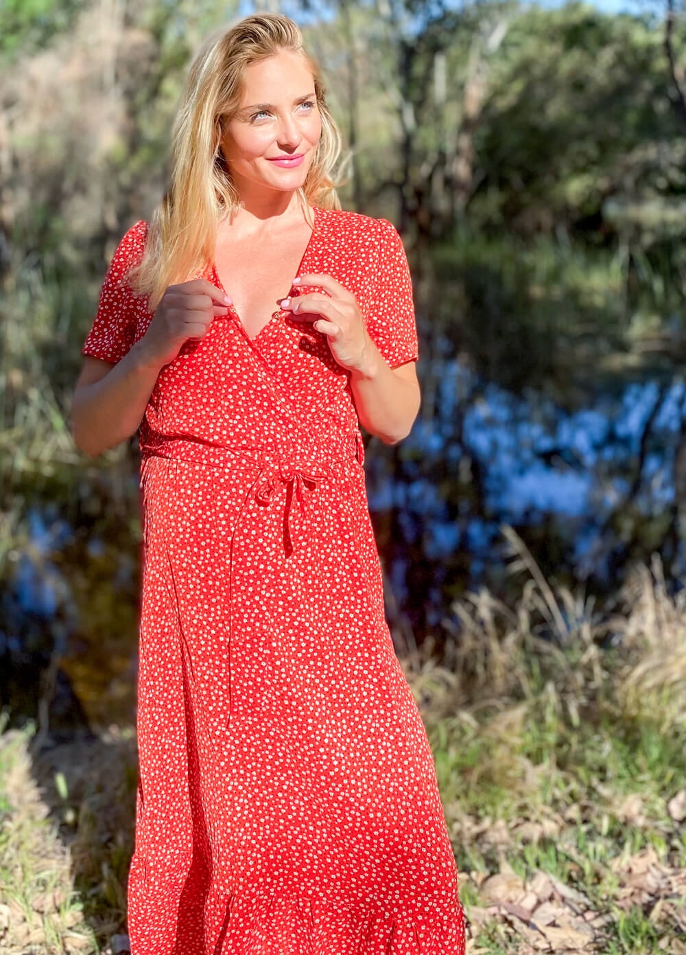 Lait & Co - Noelle Maternity Midi Dress in Red Ditsy - Queen Bee