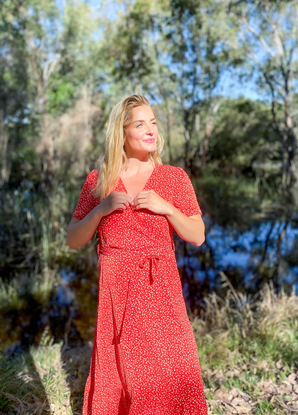 Lait & Co - Noelle Maternity Midi Dress in Red Ditsy - Queen Bee