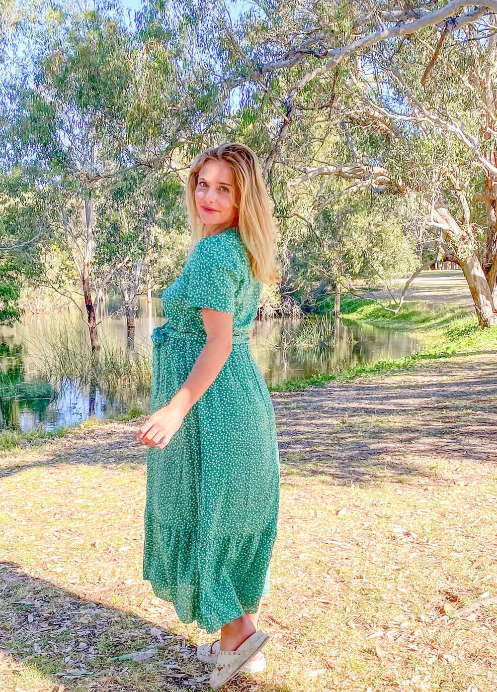 Lait & Co - Noelle Maternity Midi Dress in Green Ditsy