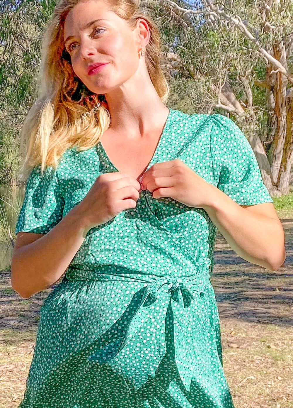 Lait & Co - Noelle Maternity Midi Dress in Green Ditsy