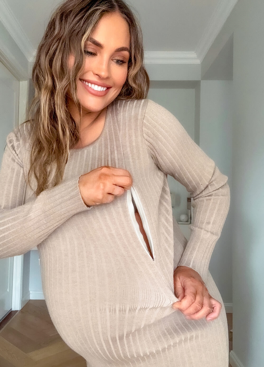 Lait & Co - Camille Maternity Nursing Ribbed Knit Dress in Taupe