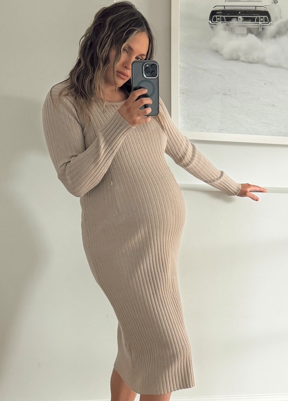 Lait & Co - Camille Maternity Nursing Ribbed Knit Dress in Taupe