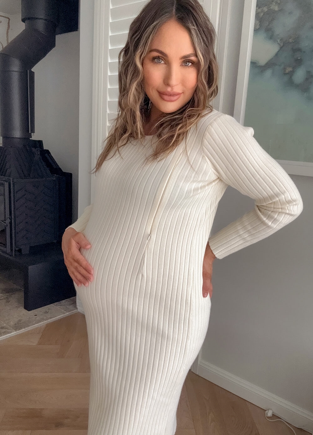 Lait & Co - Camille Maternity Nursing Ribbed Knit Dress in Ivory