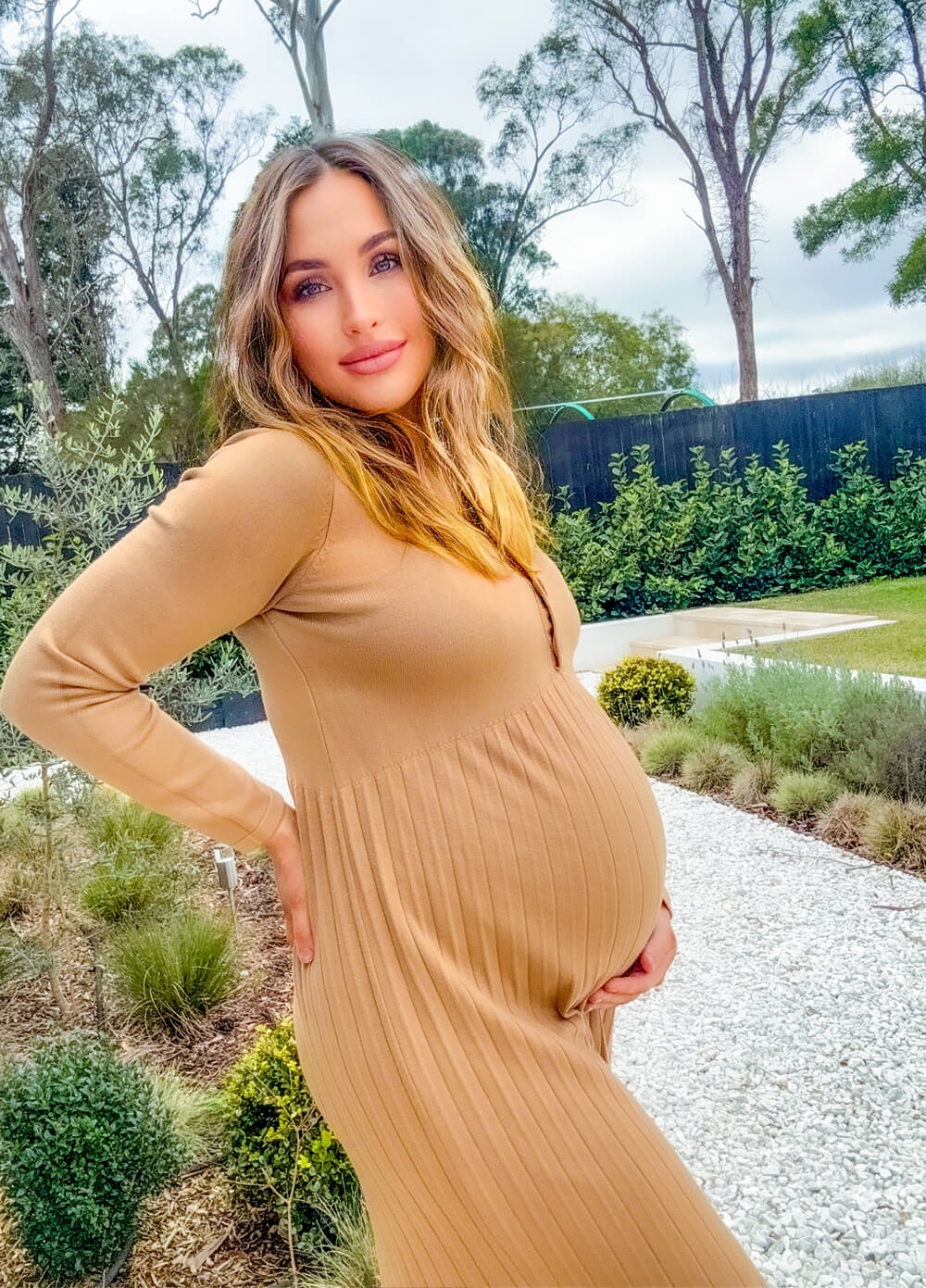 Lait & Co - Sabrina Pleated Maternity Nursing Dress in Camel