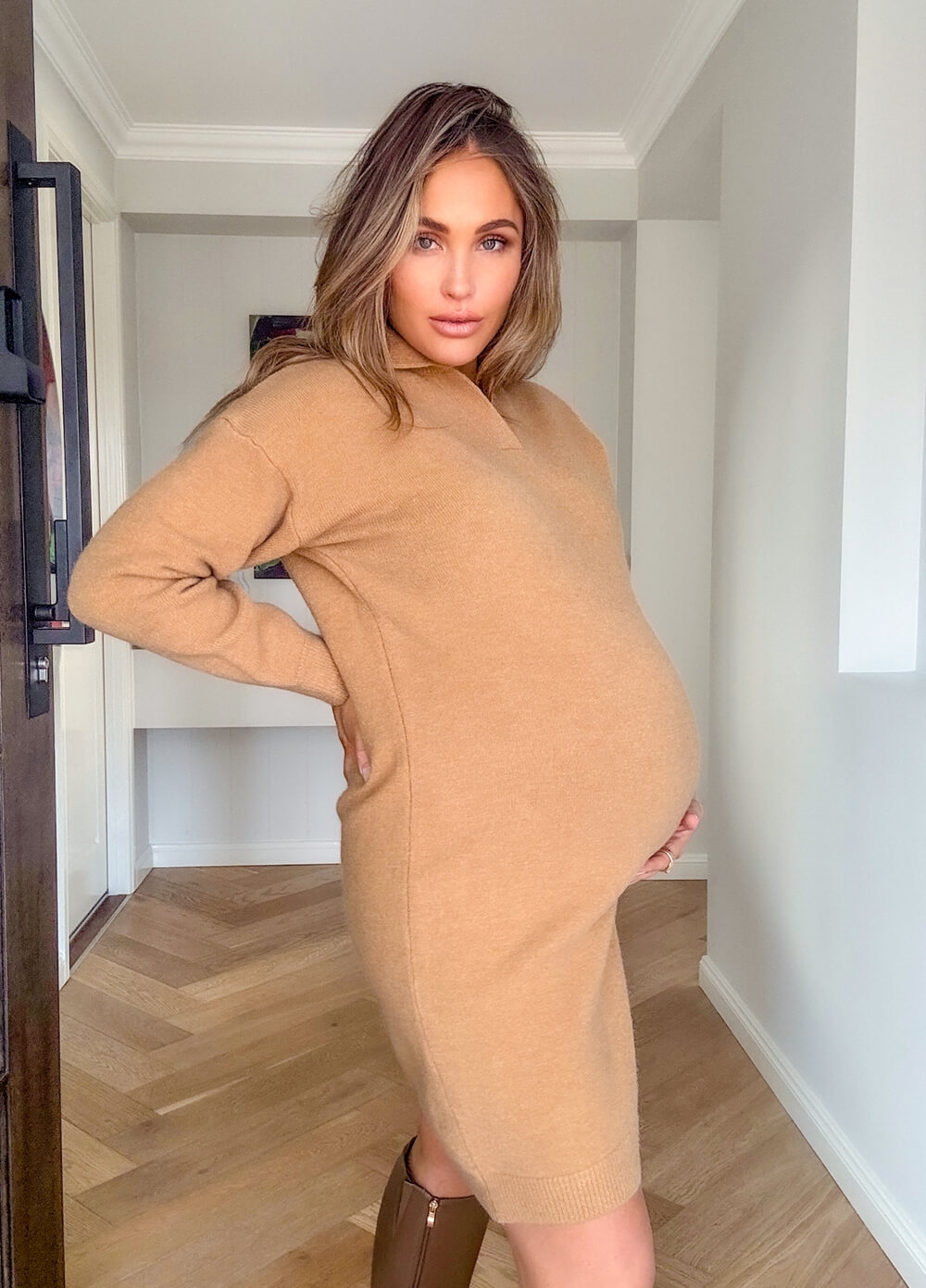 Lait & Co - Peyton Polo Knit Maternity Jumper Dress in Camel