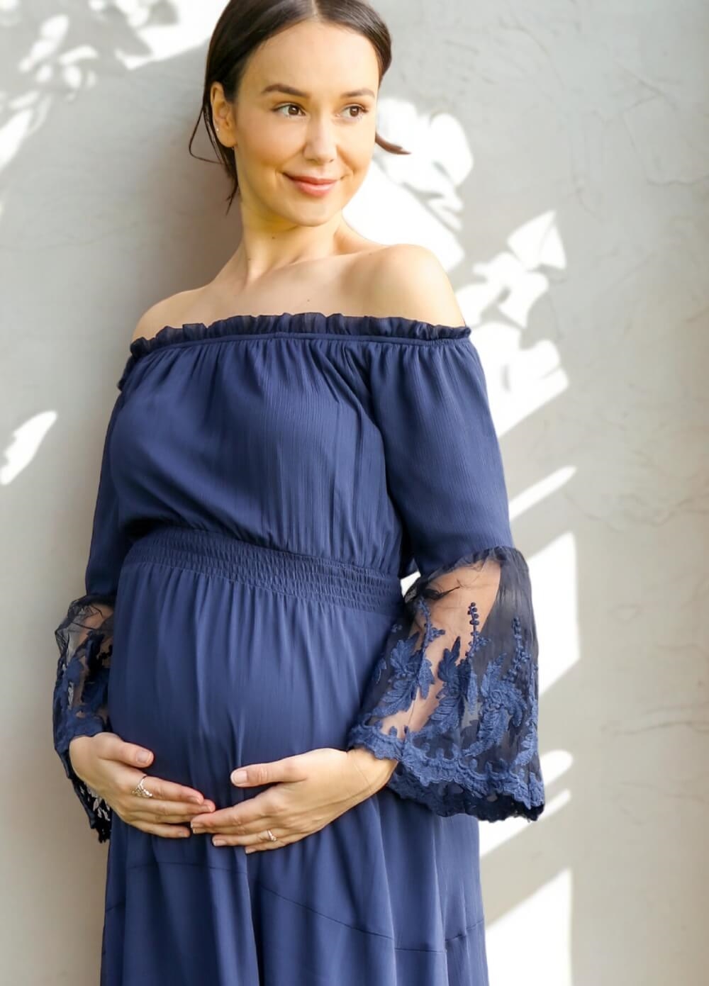 chinese dress ladies Light Blue Organza Ruffles Lace Long Sleeve Maternity Dress for Photoshoot 24W / B115 main image 1