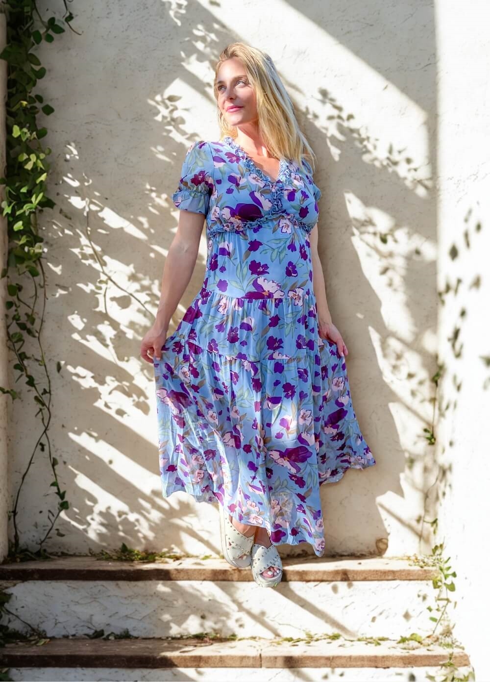 Wanderlust S/Sleeve Maternity Maxi Gown in Blue/Purple Floral