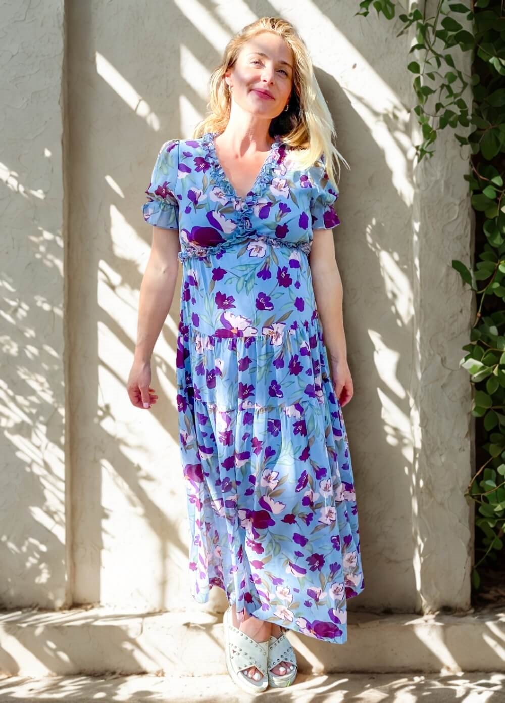 Wanderlust S/Sleeve Maternity Maxi Gown in Blue/Purple Floral