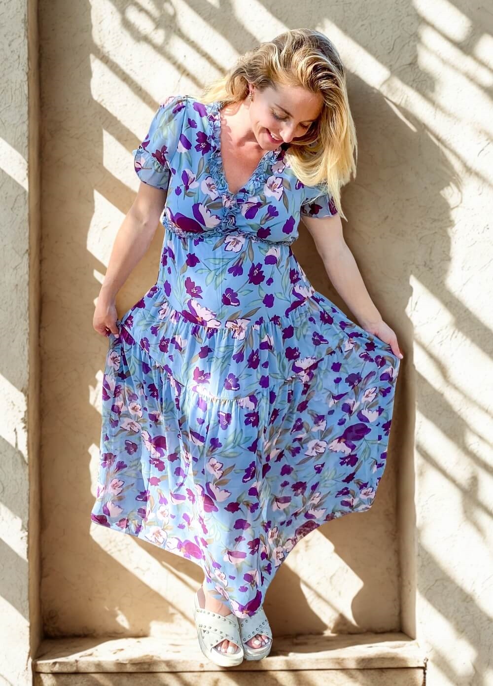 Wanderlust S/Sleeve Maternity Maxi Gown in Blue/Purple Floral