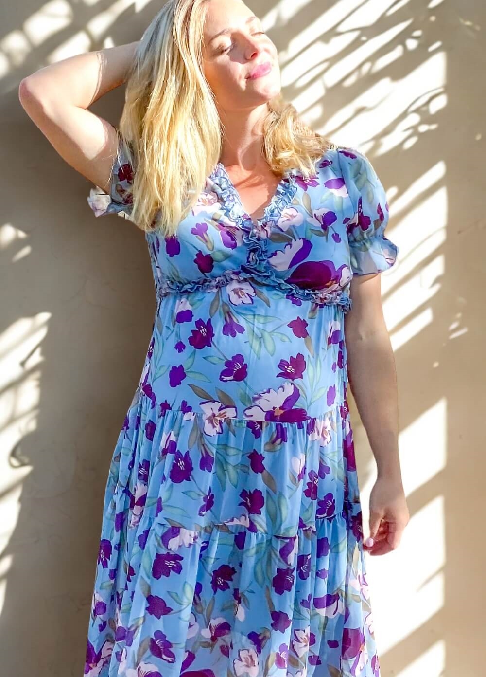 Wanderlust S/Sleeve Maternity Maxi Gown in Blue/Purple Floral