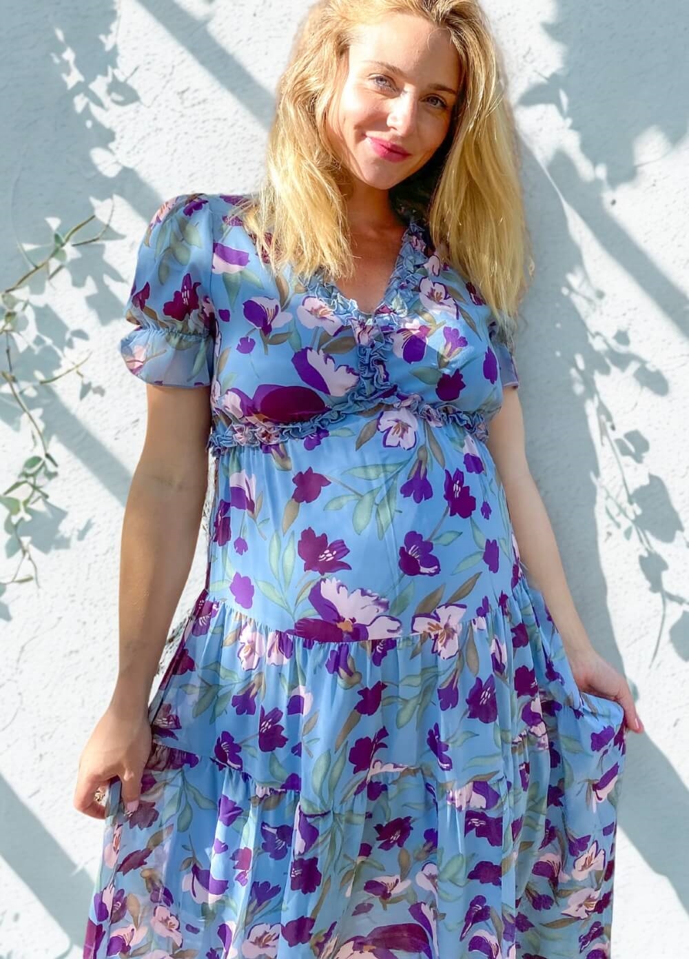 Wanderlust S/Sleeve Maternity Maxi Gown in Blue/Purple Floral