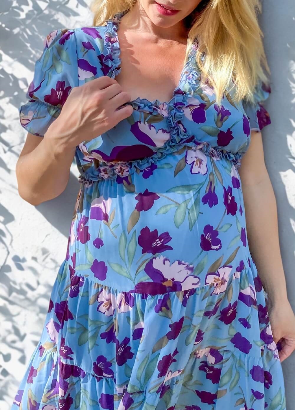 Wanderlust S/Sleeve Maternity Maxi Gown in Blue/Purple Floral