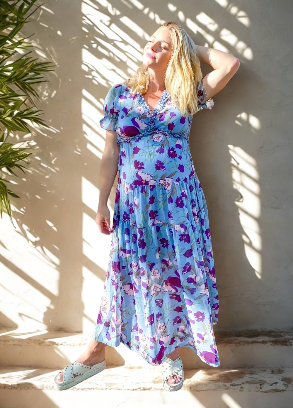 Wanderlust S/Sleeve Maternity Maxi Gown in Blue/Purple Floral