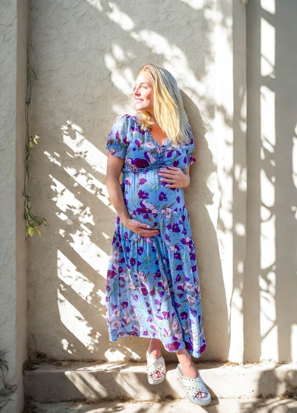 Wanderlust S/Sleeve Maternity Maxi Gown in Blue/Purple Floral