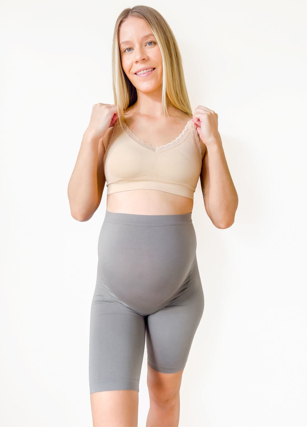 Emmy Smoothing Maternity Shorts in Grey | Queen Bee