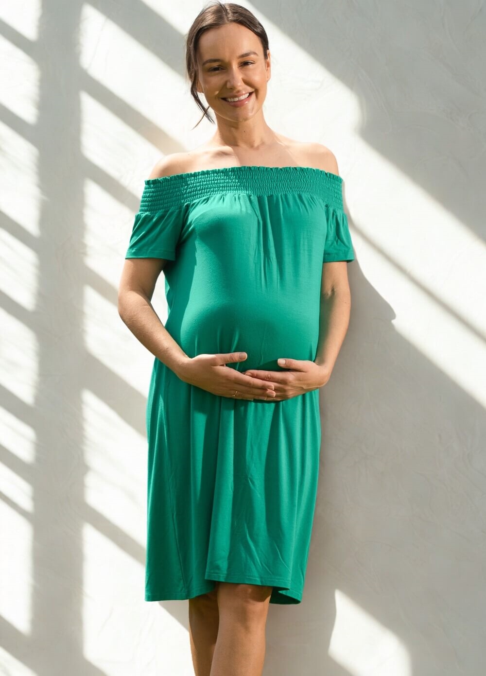 Trimester - Drake Off Shoulder Maternity Dress in Jade | Queen Bee