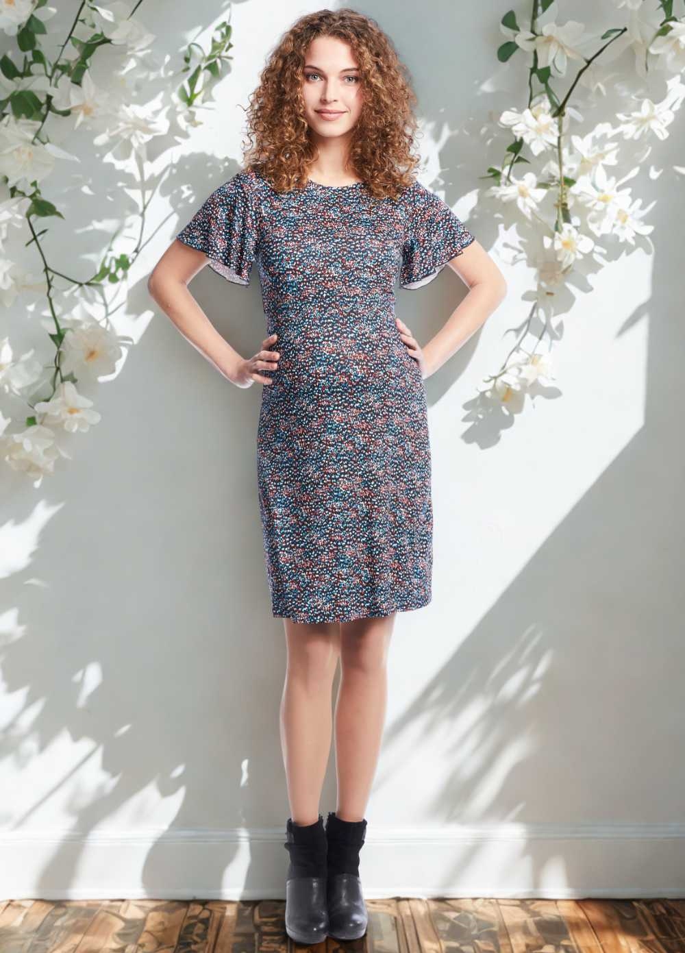 Flutter Sleeve Maternity Dress in Blue Print by Queen mum