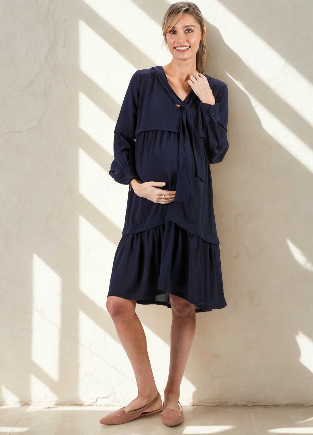Imanimo - Nadia Tiered Maternity Midi Dress in Blue | Queen Bee
