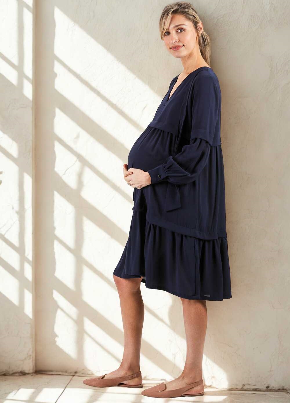 Imanimo - Nadia Tiered Maternity Midi Dress in Blue | Queen Bee