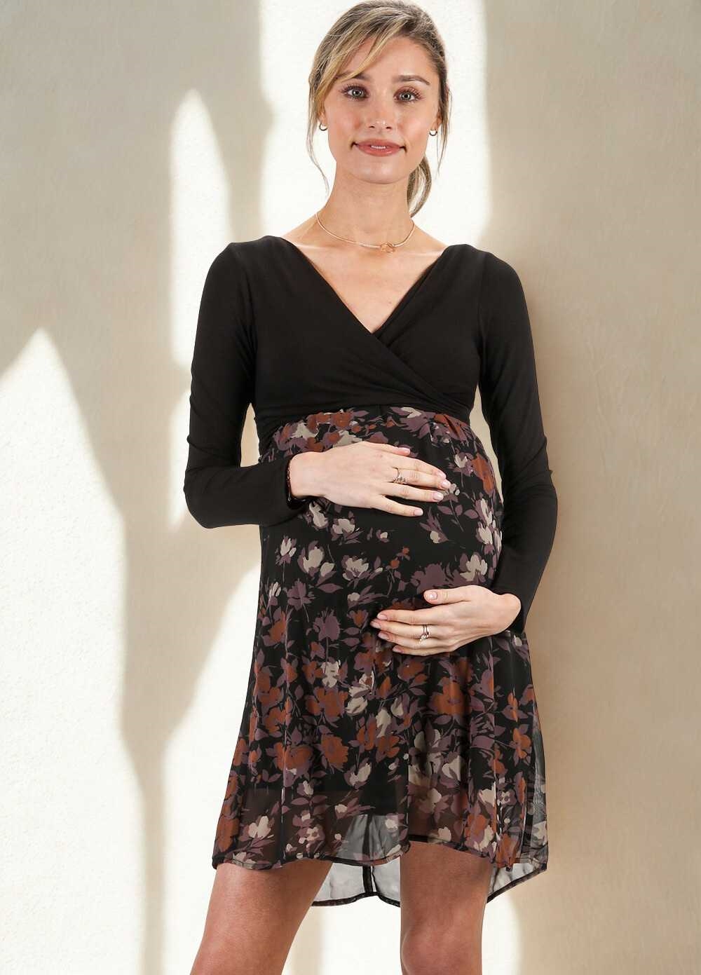 Crossover Maternity Dress in Black/Lilac Floral by Maternal America 