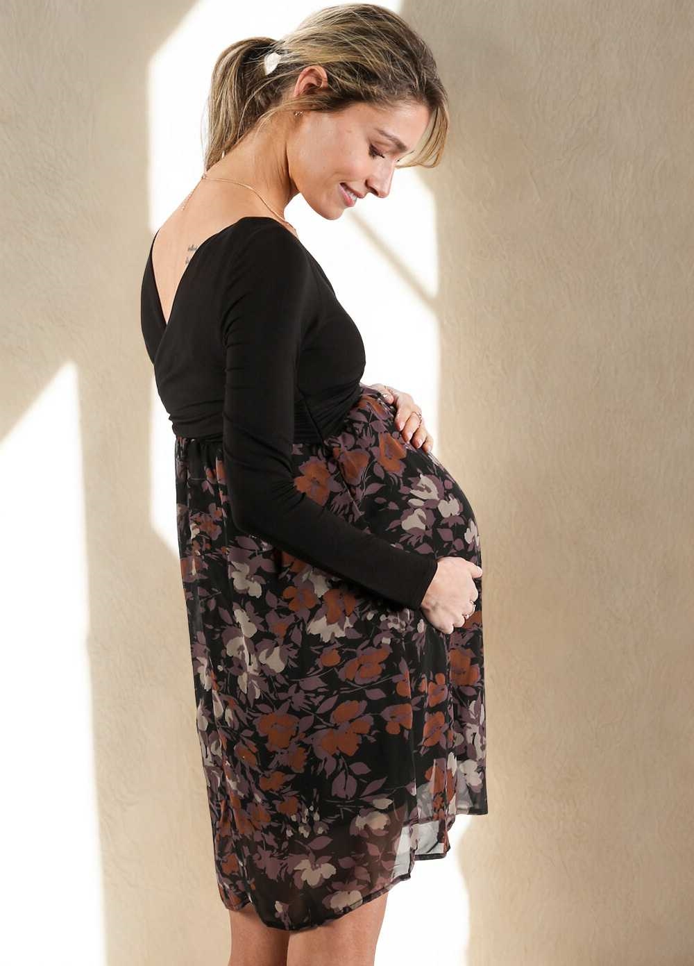 Crossover Maternity Dress in Black/Lilac Floral by Maternal America 