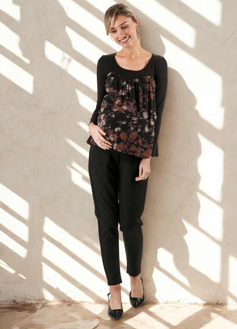 Black/Lilac Floral Chiffon Maternity Top by Maternal America 