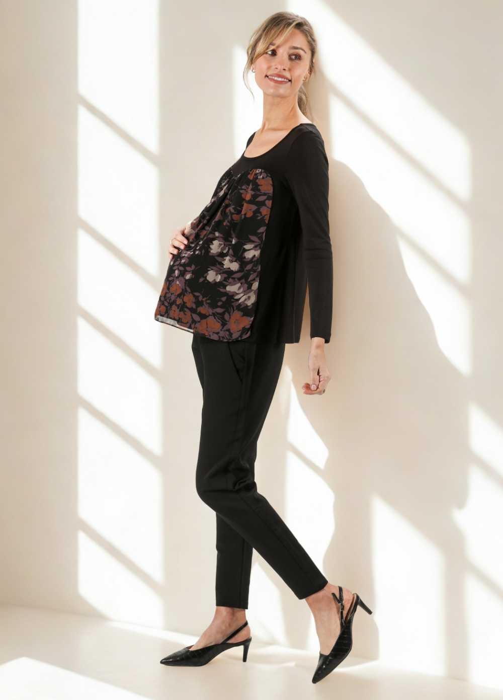 Black/Lilac Floral Chiffon Maternity Top by Maternal America 