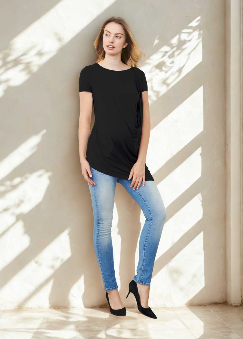 Shoulder Pleat Maternity Tee in Black by Maternal America 