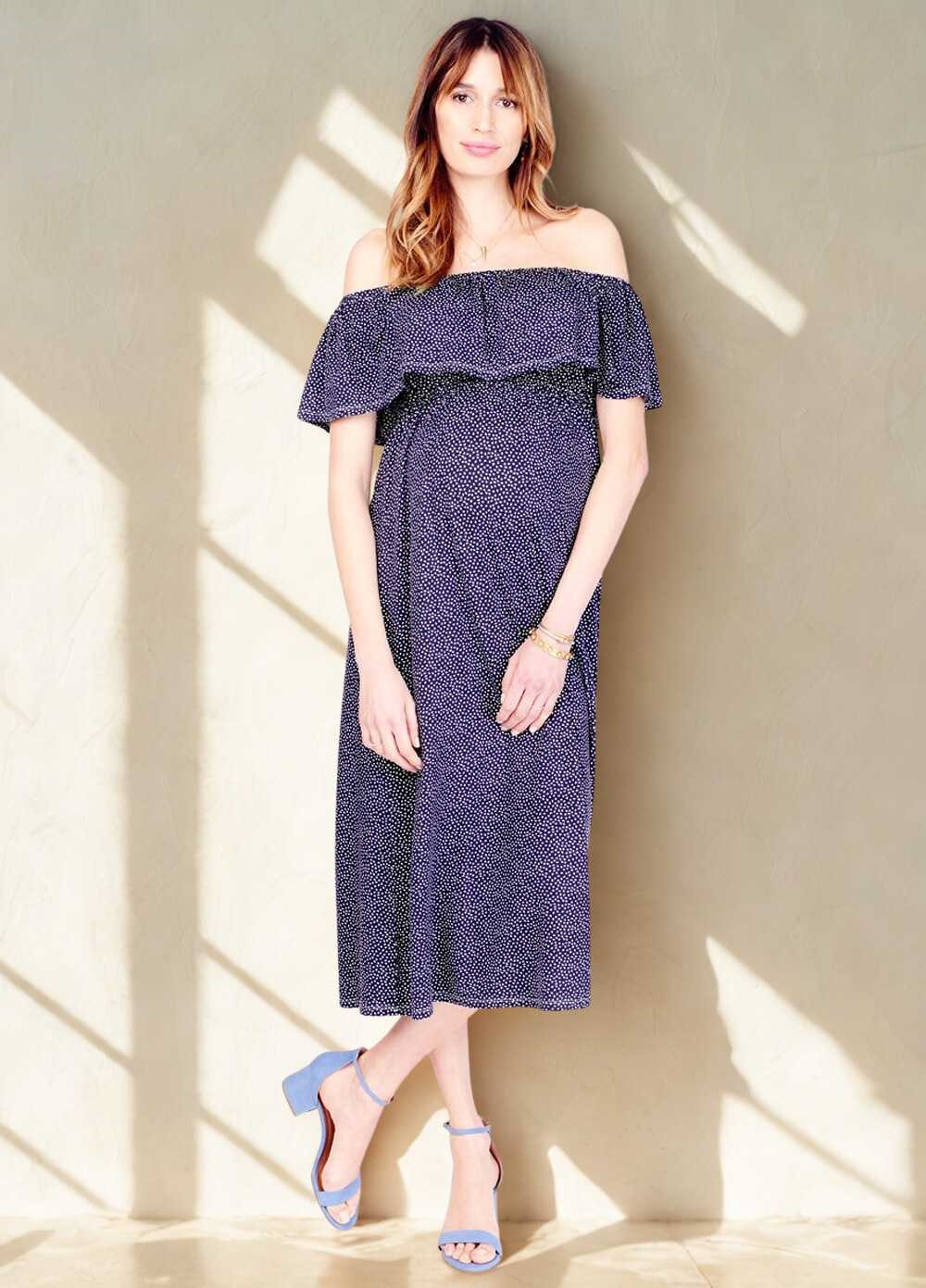 Off The Shoulder Midi Dress in Navy Print by Ingrid & Isabel