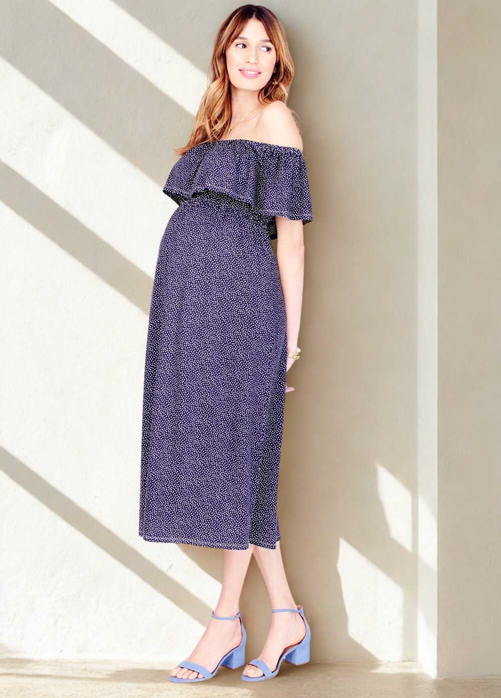 Off The Shoulder Midi Dress in Navy Print by Ingrid & Isabel