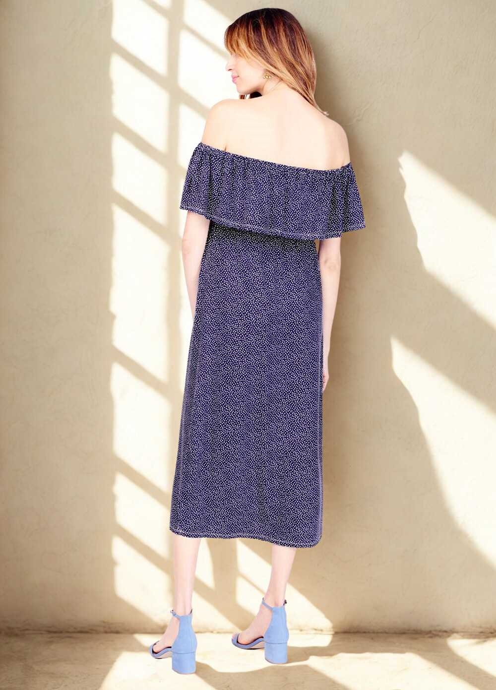 Off The Shoulder Midi Dress in Navy Print by Ingrid & Isabel