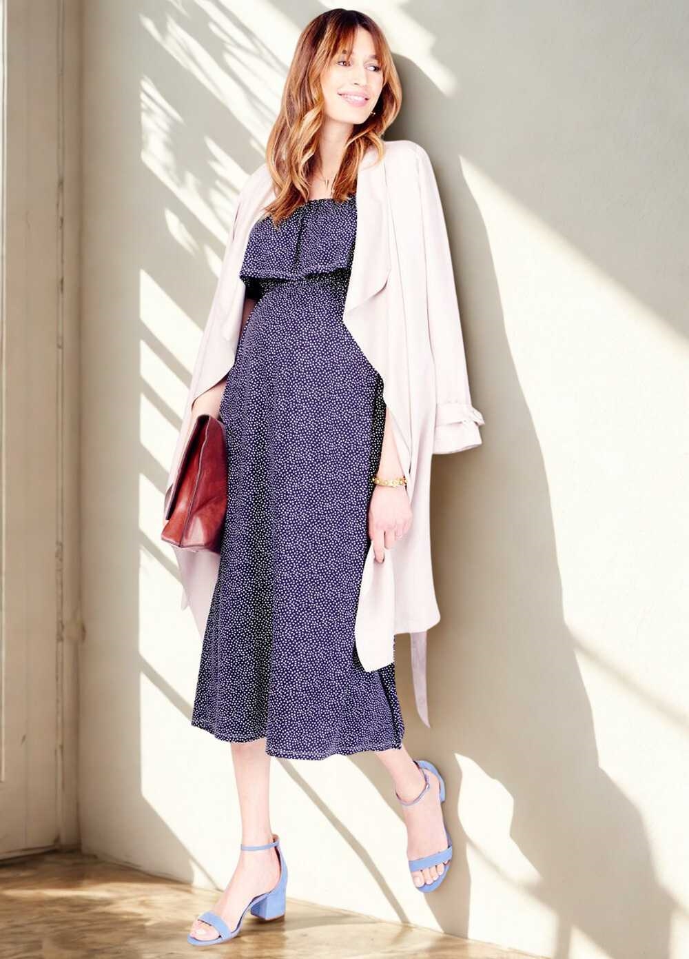 Off The Shoulder Midi Dress in Navy Print by Ingrid & Isabel