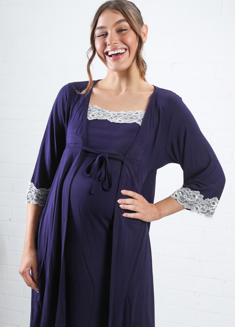 Shopymommy 2259 Lace Collar Maternity & Nursing Nightgown With Flywheel Arm  Robe Blue