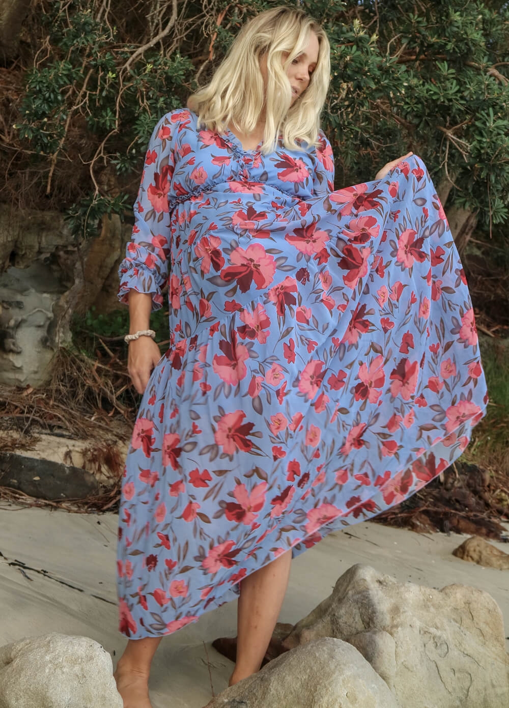 Lait & Co - Wanderlust Tiered Maxi Gown in Blue/Red Floral