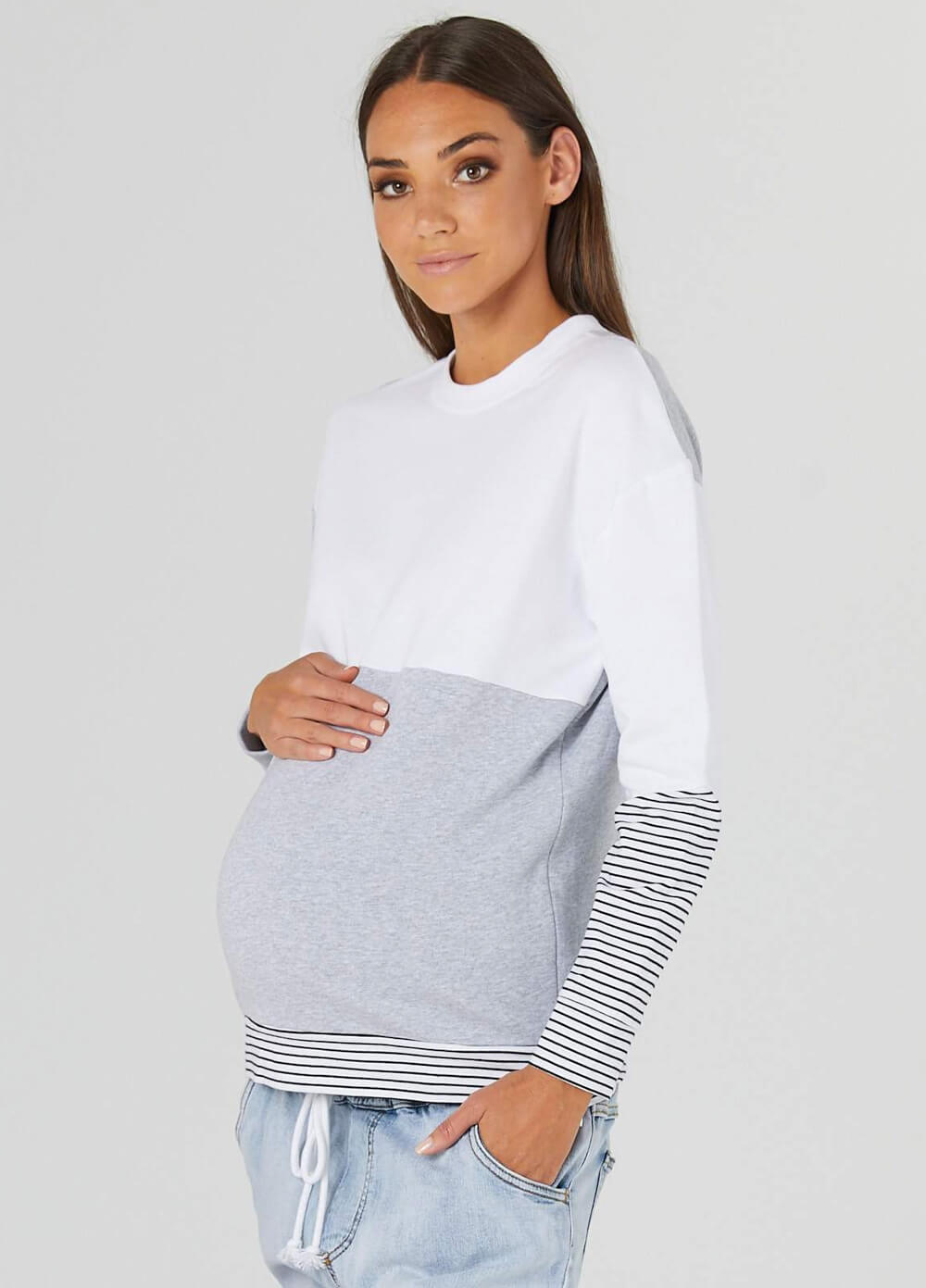 Nation Maternity Nursing Sweater in White/Grey/Stripe by Legoe