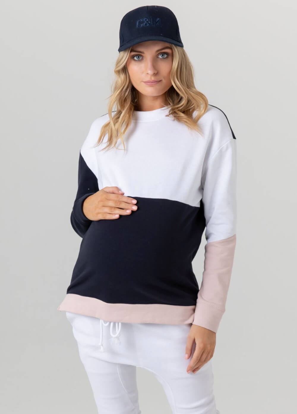 Queen Bee Nation Maternity Nursing Sweater in White/Blush/Navy by Legoe