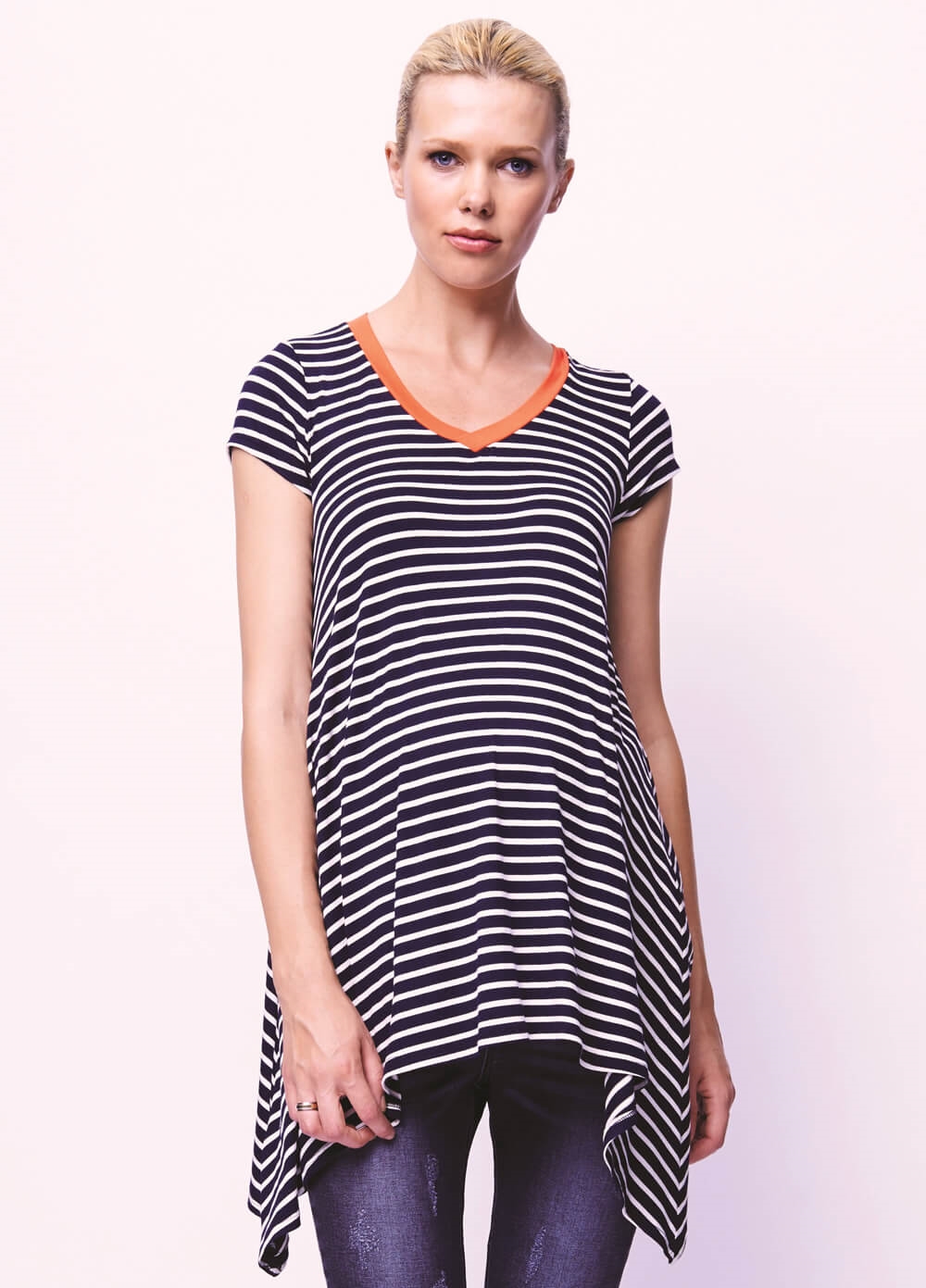 Navy Striped VNeck Maternity Tunic by Maternal America