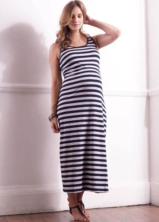 Queen Bee Caycee Blue Striped Maternity Maxi Dress by Trimester Clothing