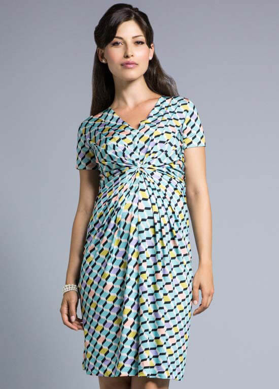 Sugar Cubes Blue Print Pleat Maternity Dress by Leota