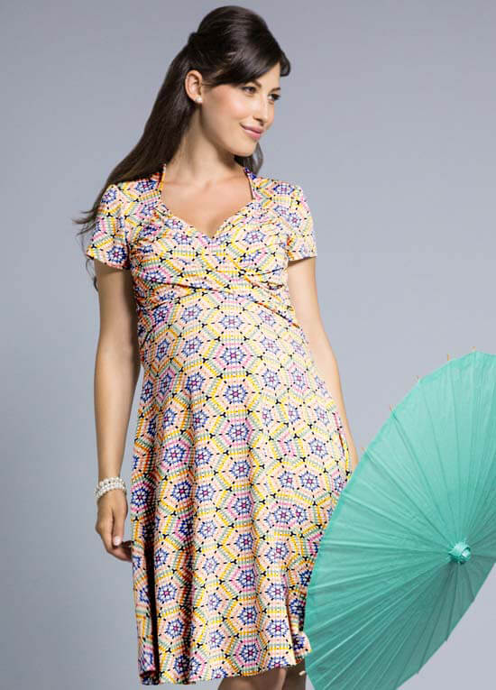 Yellow Sunburst Print Sweetheart Maternity Dress by Leota