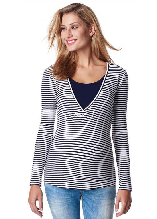 Long Sleeve Maternity Nursing Top in Rich Navy Stripes by Esprit