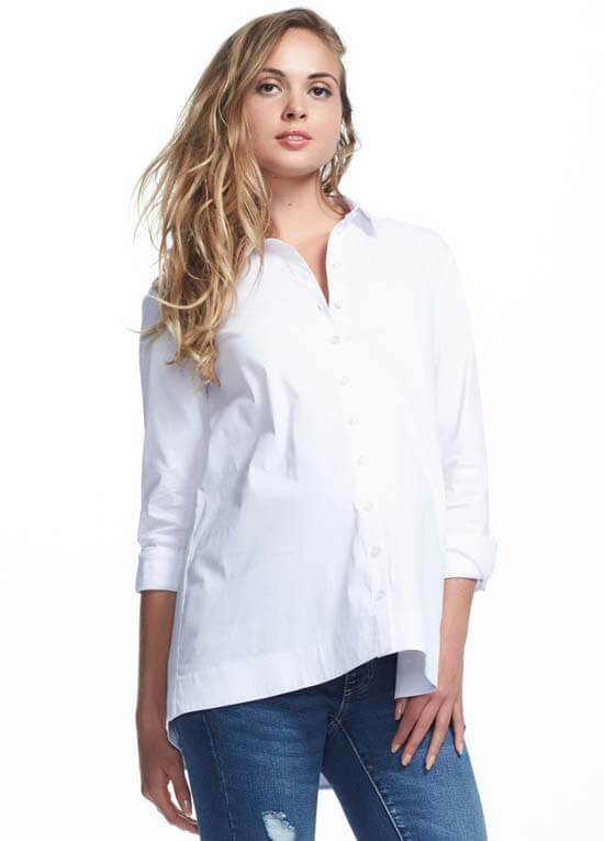 White Long Sleeve Collared Maternity Shirt by Soon Maternity
