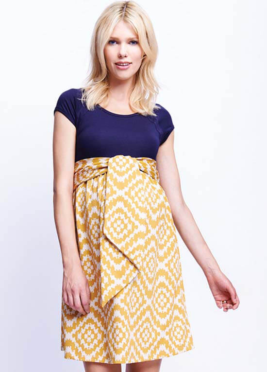 Scoop Front Tie Maternity Dress in Mustard Tapestry by Maternal America