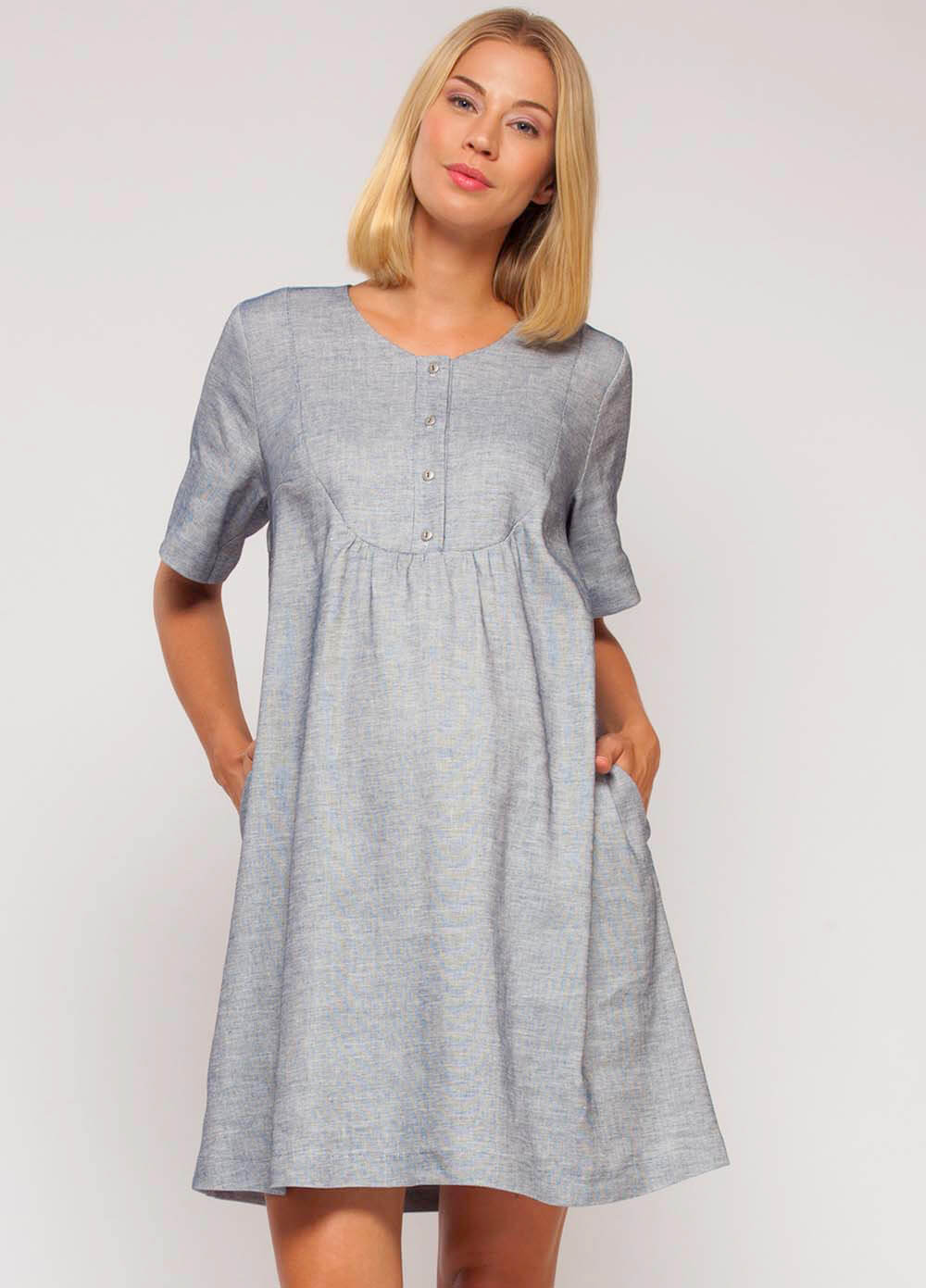 Linen Maternity Nursing Bib Dress in Blue by Paula Janz