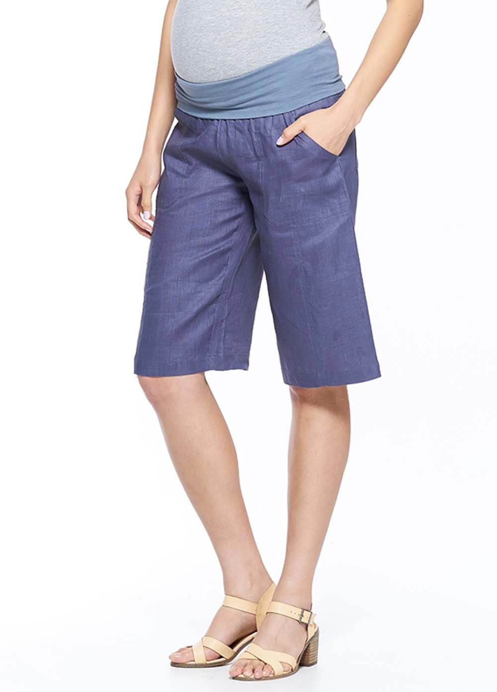 Linen Maternity Bermuda Shorts in Blue by Milky Way