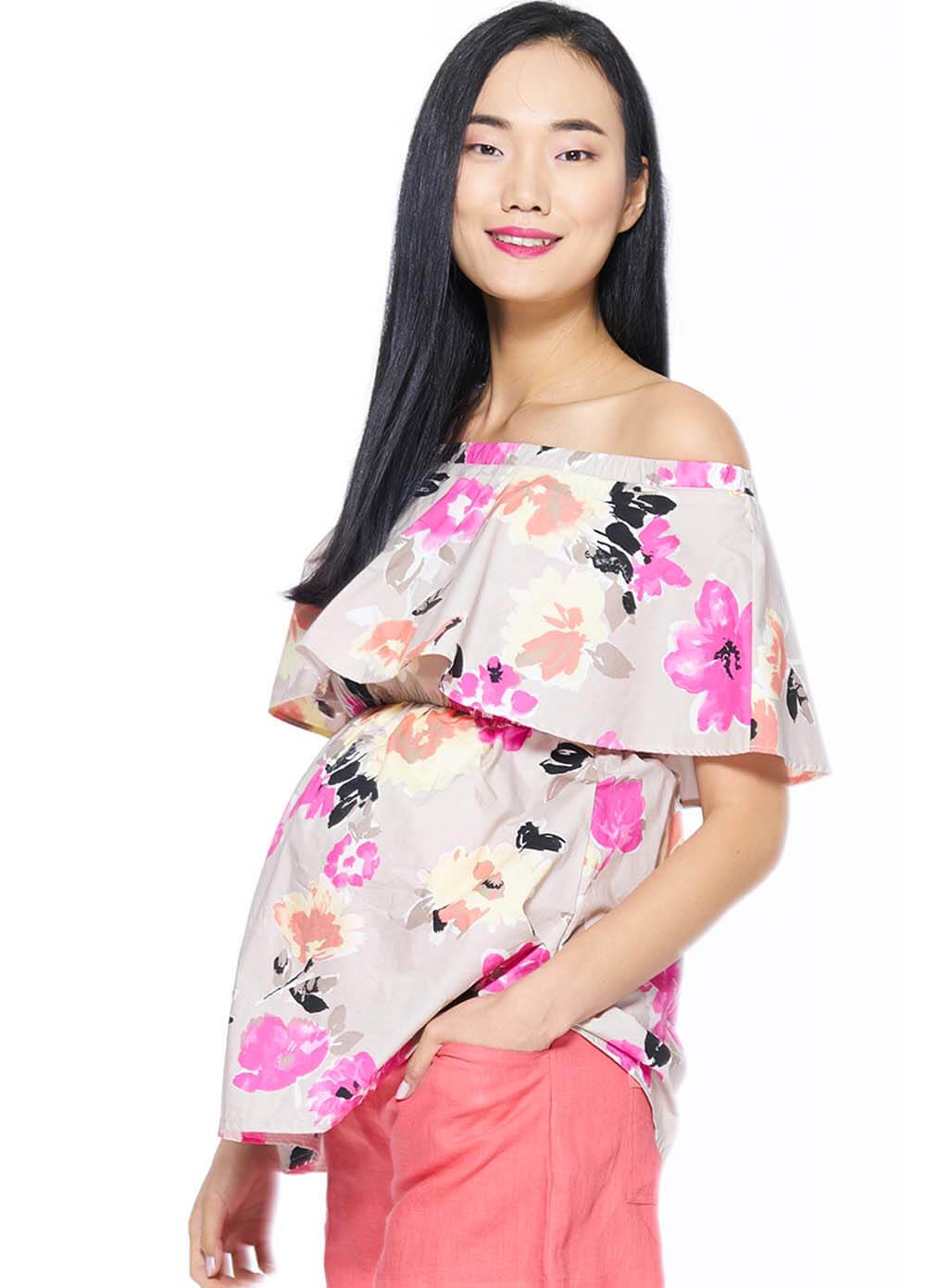 Milky Way - Peony Off Shoulder Nursing Top in Pink Floral - ON SALE