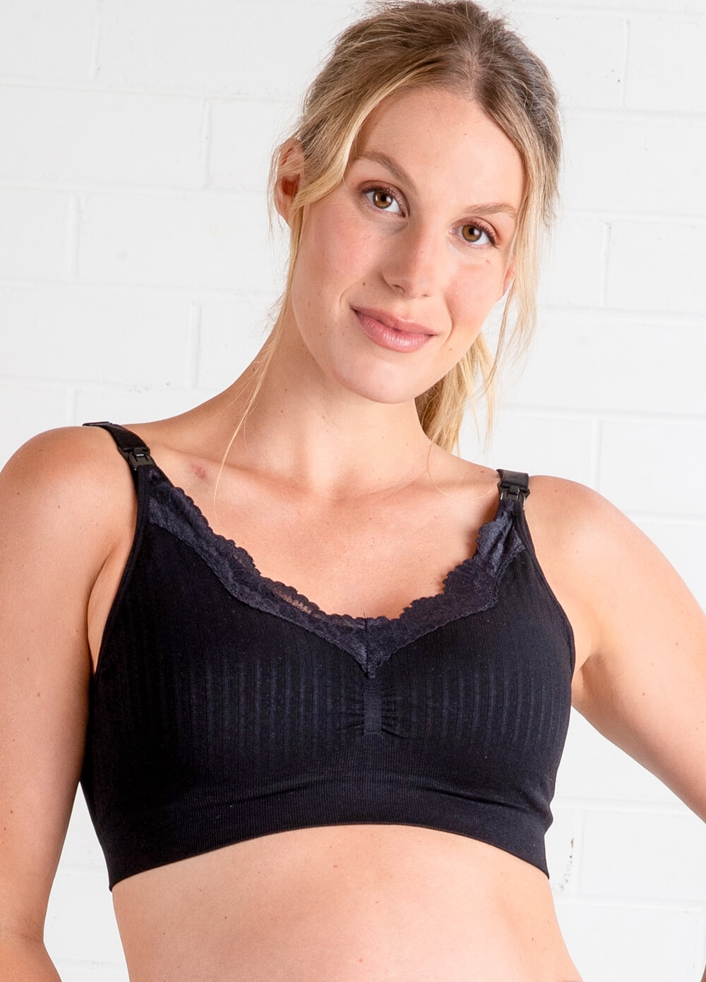 QueenBee® - Emma Pointelle Lace Trim Nursing Bra in Black