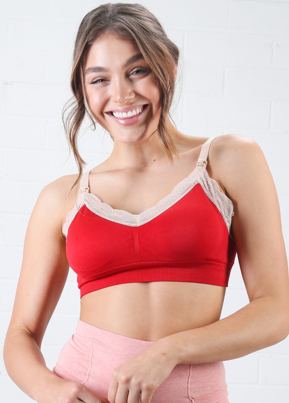 QueenBee® - Grace Vintage Lace Trim Nursing Bra in Ruby