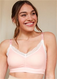 QueenBee® - Luna White Lace Trim Jersey Nursing Bra in Coral Stripe