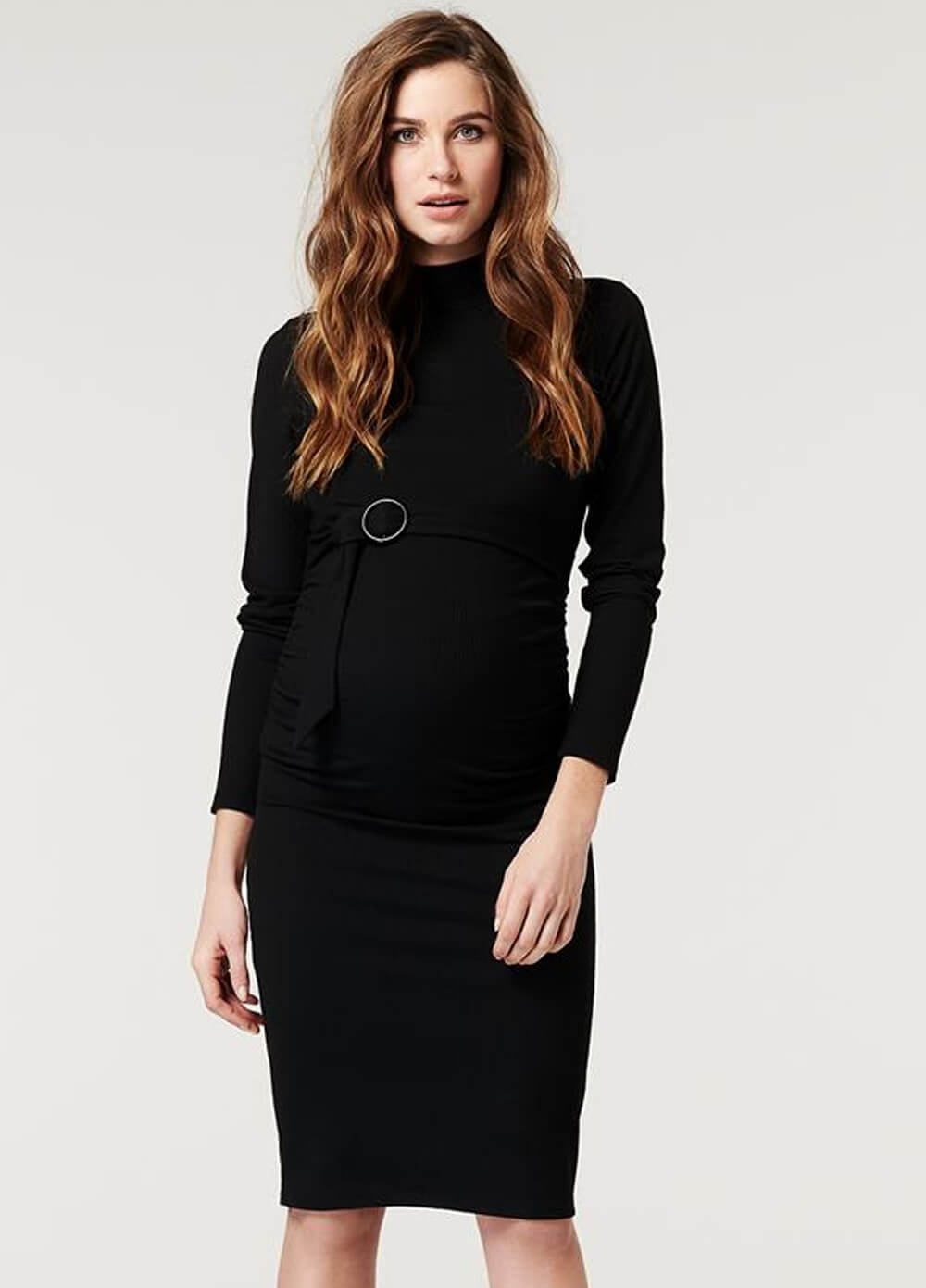 Supermom - Mock Neck Belted Ribbed Dress in Black